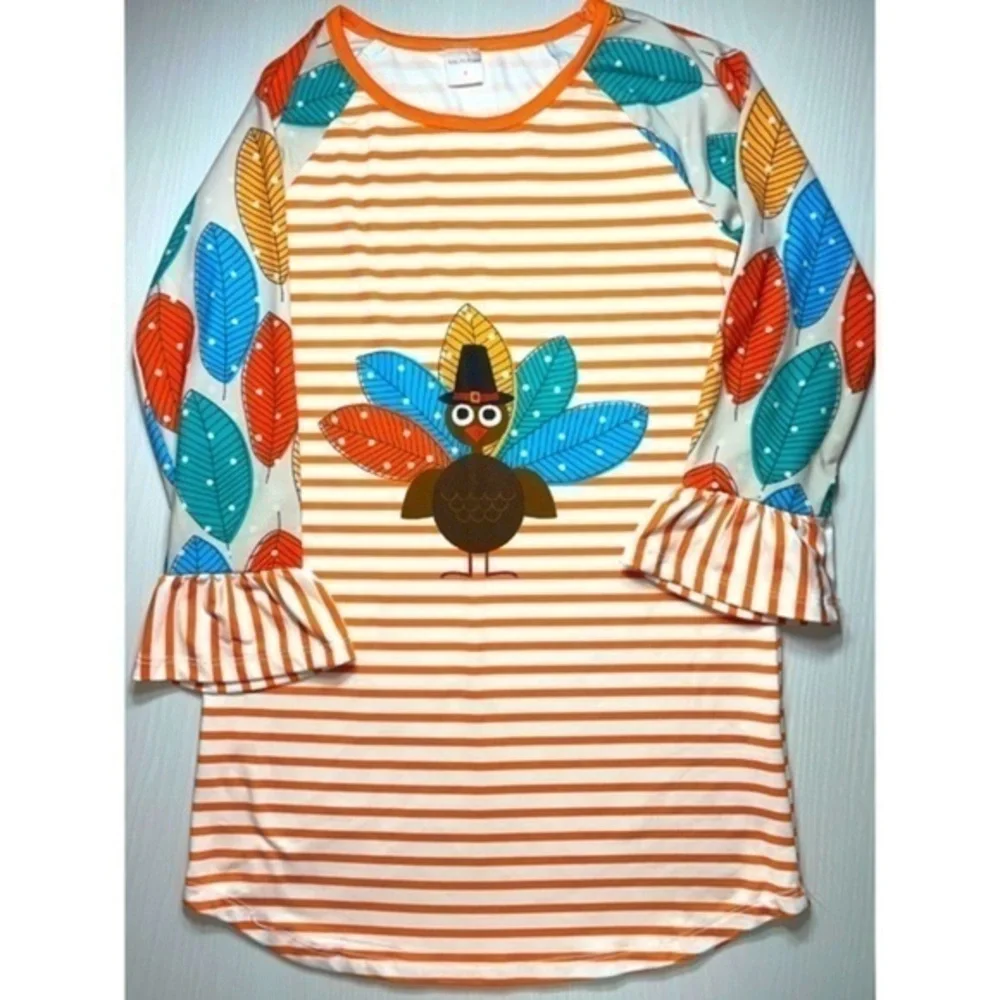 Penelope Plumm Turkey Fall Leaf Thanksgiving Stripe Bell Sleeve Boho Girls Dress